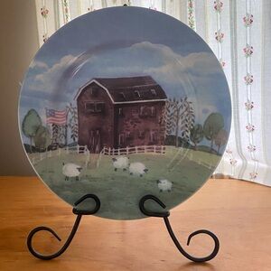 Nantucket Decorative Plate, Americana barn and sheep, with metal display stand